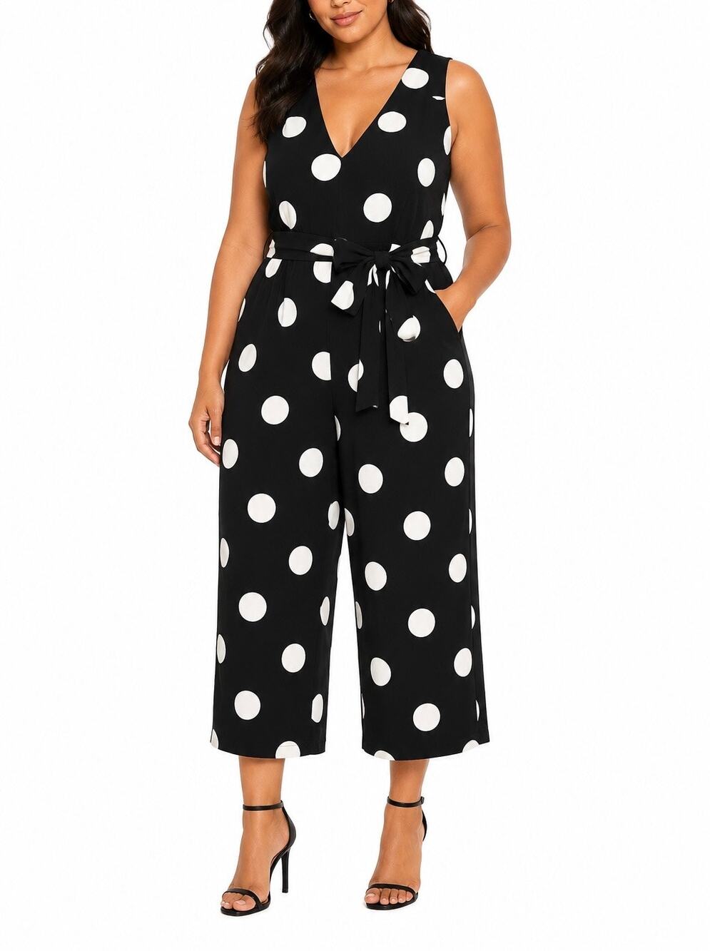 KARL LAGERFELD Paris Black White Polka Dot Belted Jumpsuit Crop Wide Leg Size 14